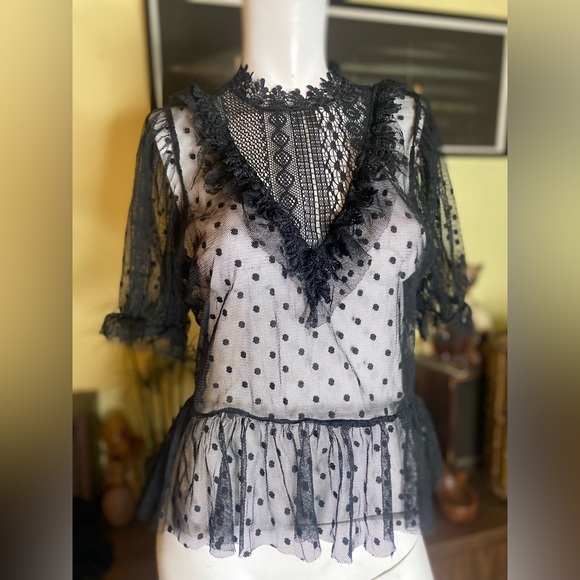 Blashe Tops - Ladies Blashe gothic lace ruffle polka dot vamp blouse Victorian sheer top